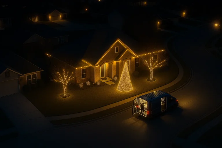 Worthy Landscaping technician decorating roofline at dusk with a fully lit tree of Christmas lights in the background.