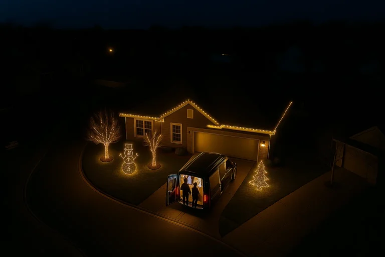 Photo showcasing Worthy Landscaping’s Christmas light installation services with technician hanging warm white roofline lights.