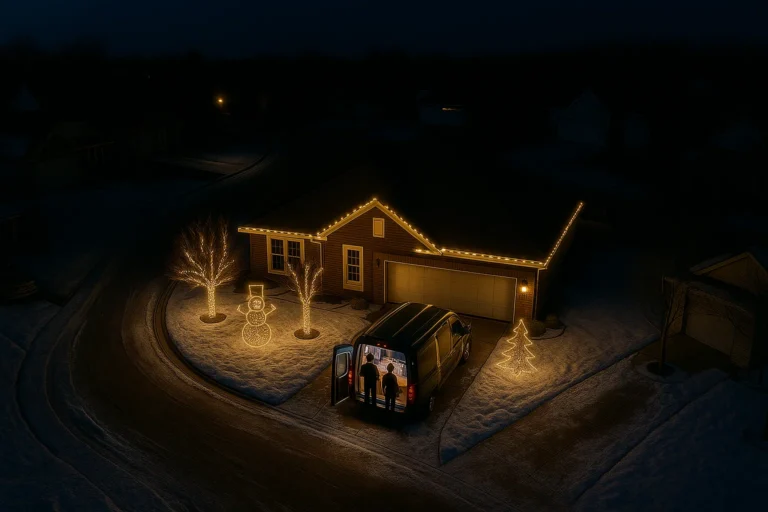 Overhead shot of decorated home with Worthy Landscaping truck near curb and roofline Christmas lights glowing.