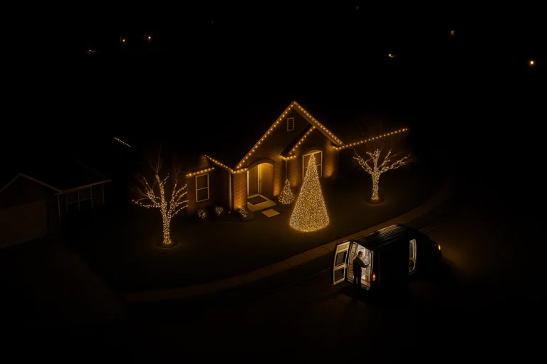Residential street view from above with Worthy Landscaping van and professionally installed warm white holiday lights.