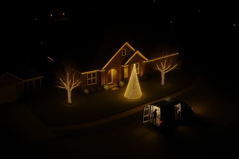 Aerial perspective of Worthy Landscaping Christmas light installation and branded service van parked out front.