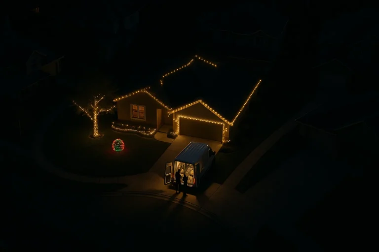 Drone shot of Worthy Landscaping Christmas light installation with roofline and garage trimmed in warm white lights.