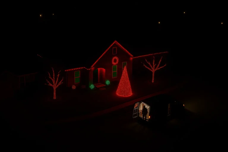 Aerial image of home with warm white Christmas roof lights