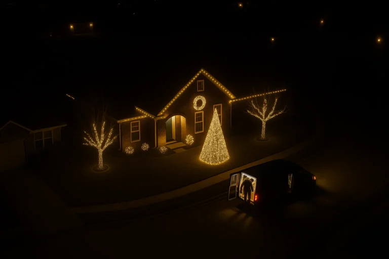 Overhead Christmas light display by Worthy Landscaping featuring roof