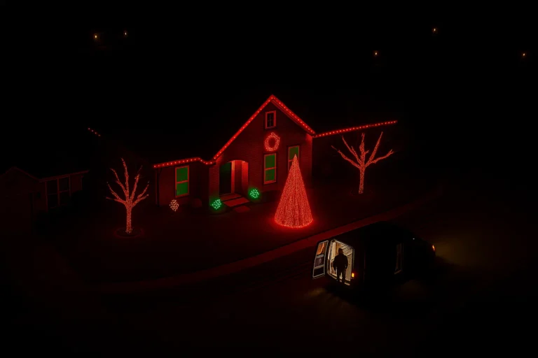 Nighttime drone shot of Worthy Landscaping holiday lighting with roofline lights