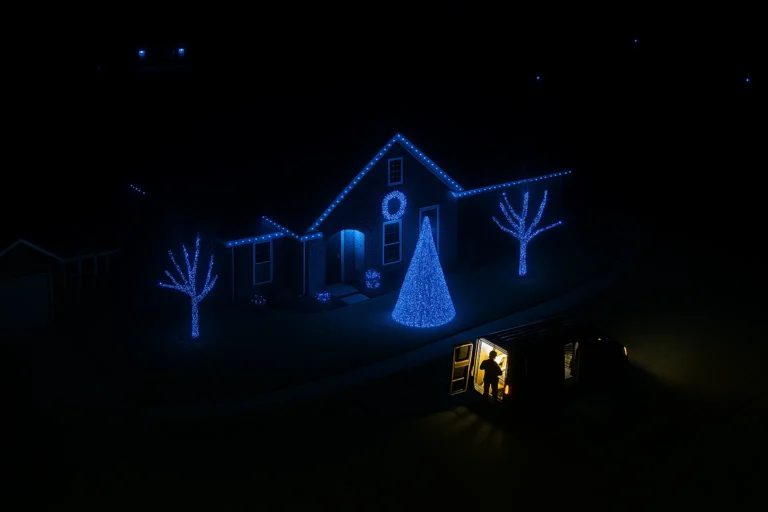 High-angle view of full Worthy Landscaping Christmas lighting package on home and yard with service van in frame.