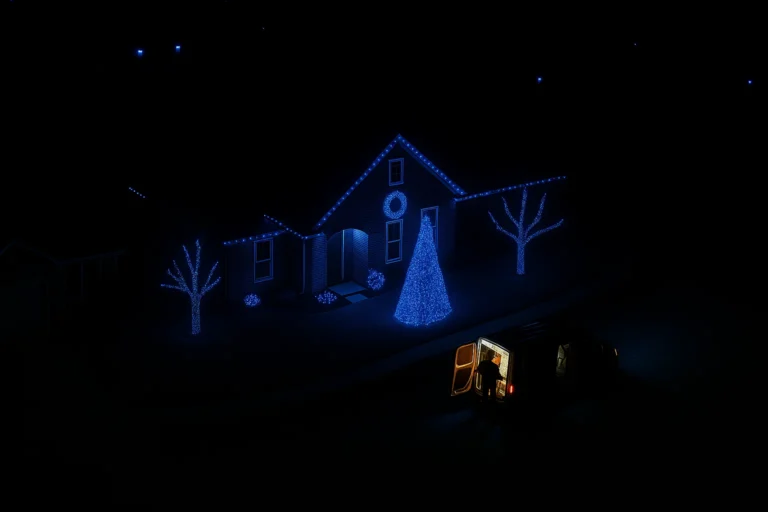 Aerial view highlighting Worthy Landscaping’s professional Christmas light installation services on a residential home.