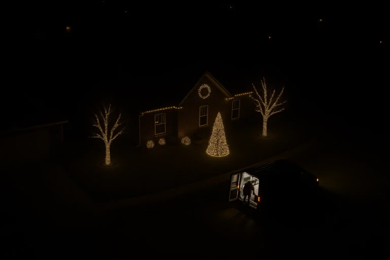 Bird’s-eye view of exterior Christmas lighting by Worthy Landscaping with warm white LEDs across roof and garage.