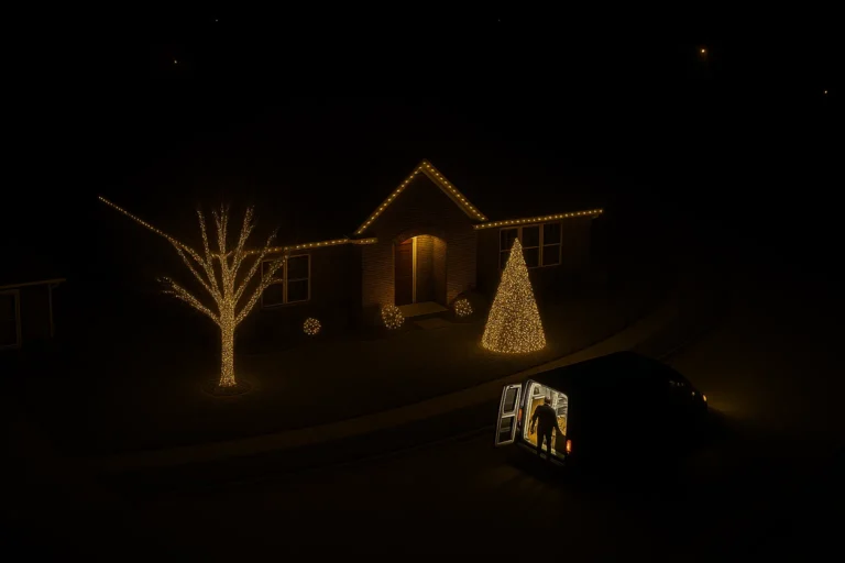 Drone shot showcasing Worthy Landscaping’s complete holiday lighting design with roofline