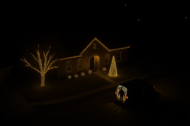 Holiday lighting project by Worthy Landscaping showing technician on ladder and warm white roofline illumination.