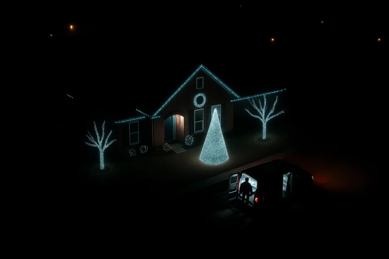 Aerial Christmas light photo of house with Worthy Landscaping warm white roof and garage lights plus tree wrap.