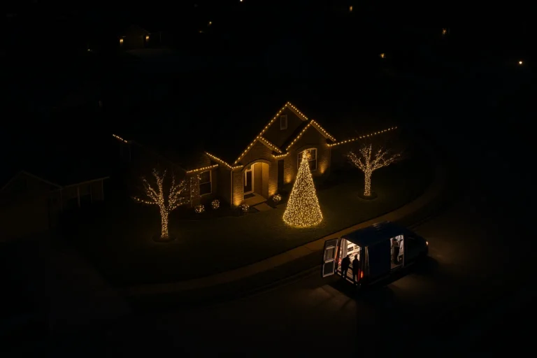 Professional Christmas light installation by Worthy Landscaping shown from above with glowing warm white roofline lights.