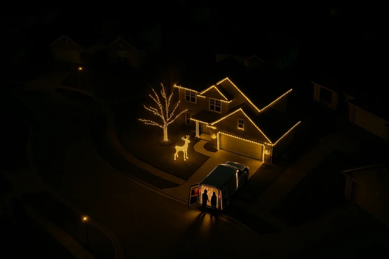 Drone view of Worthy Landscaping display with roofline lights