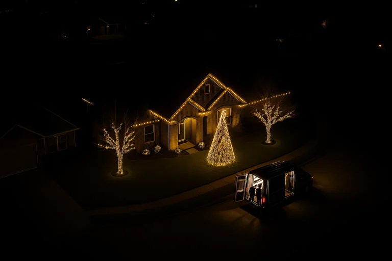 Roofline Christmas light installation by Worthy Landscaping with glowing tree of lights shining in the background.