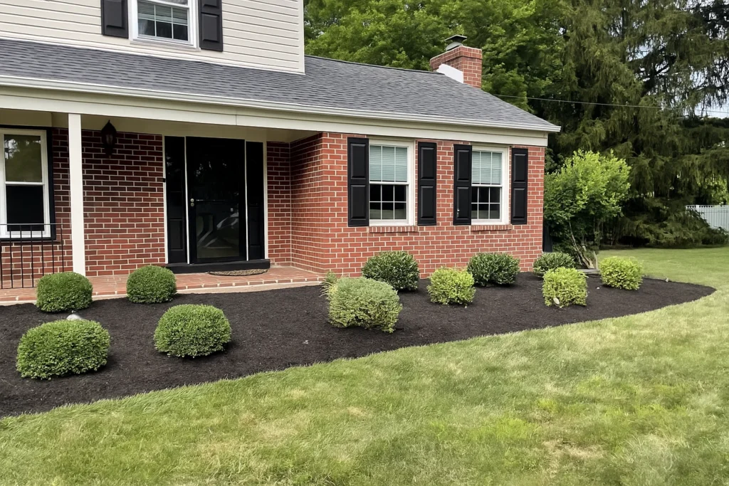 Front planting bed of dense shrubs and low bushes in Delaware County PA maintained by Worthy Landscaping’s Bush & Shrub Trimming & Pruning Services.