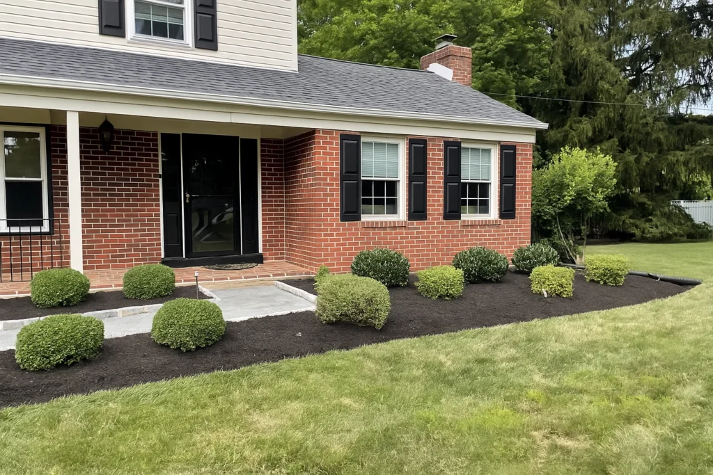 Mixed front shrubs and small bushes along a Delaware County sidewalk trimmed by Worthy Landscaping’s Bush & Shrub Trimming & Pruning Services.