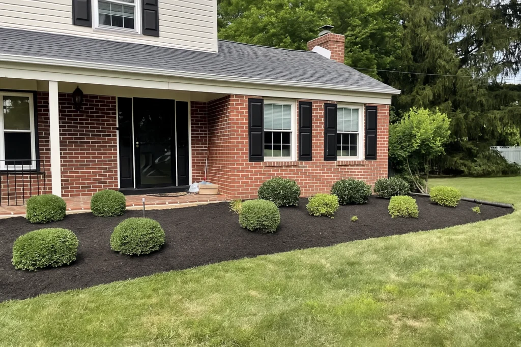 Front view of uniform, shaped shrubs and bushes at a Delaware County PA home maintained by Worthy Landscaping’s Bush & Shrub Trimming & Pruning Services.