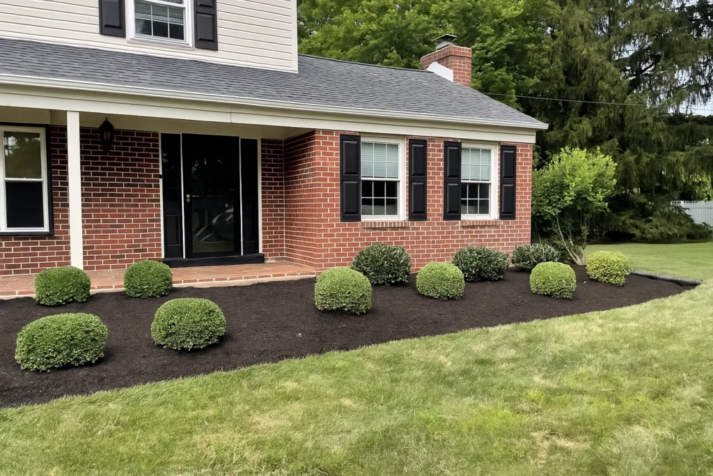 Front landscape of pruned shrubs lining a Delaware County walkway maintained by Worthy Landscaping’s Bush & Shrub Trimming & Pruning Services.