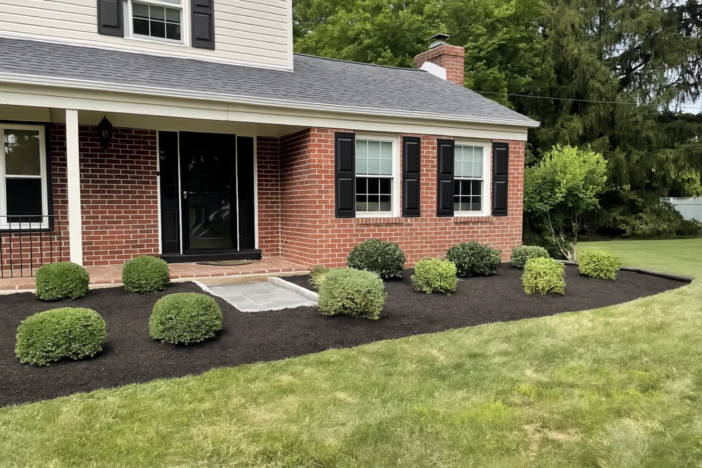 Manicured front shrubs and compact bushes in a Delaware County PA yard maintained by Worthy Landscaping’s Bush & Shrub Trimming & Pruning Services.