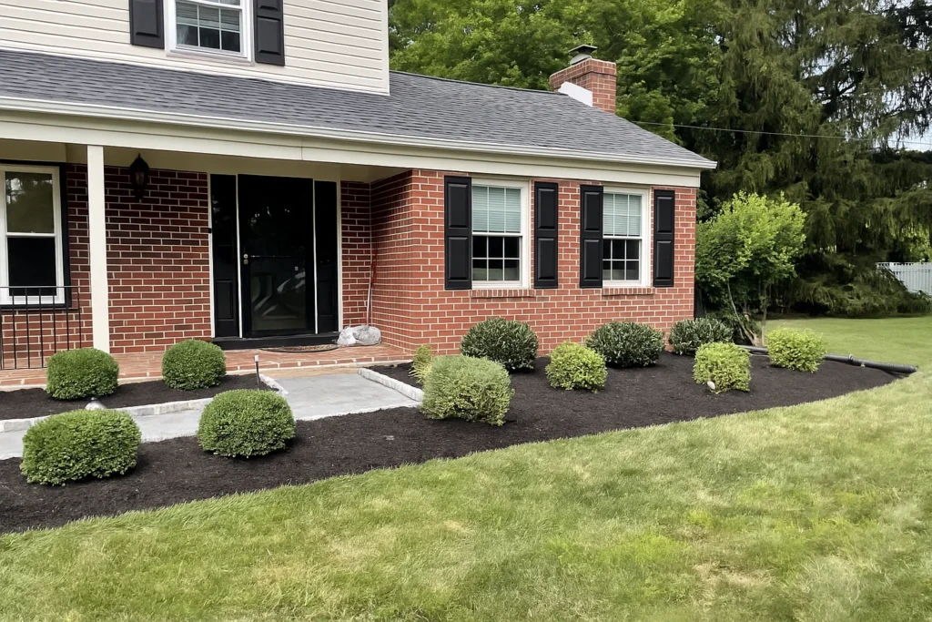 Front border of trimmed shrubs and flowering bushes in a Delaware County yard maintained by Worthy Landscaping’s Bush & Shrub Trimming & Pruning Services.
