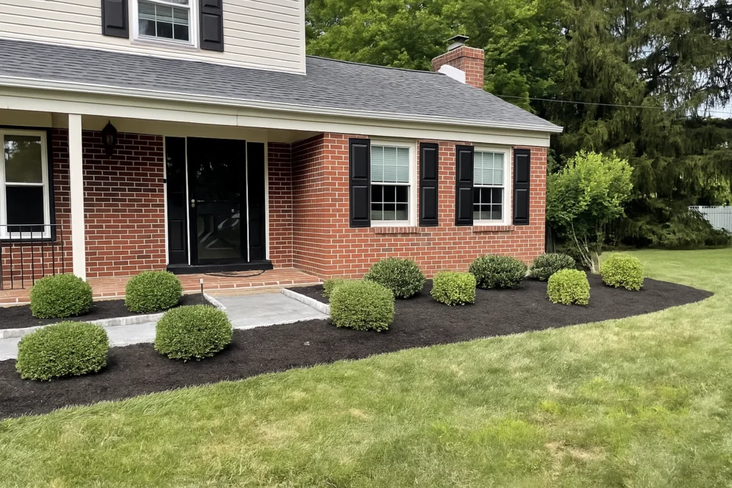 Front view of manicured shrubs and low bushes at a Delaware County PA residence cared for by Worthy Landscaping’s Bush & Shrub Trimming & Pruning Services.
