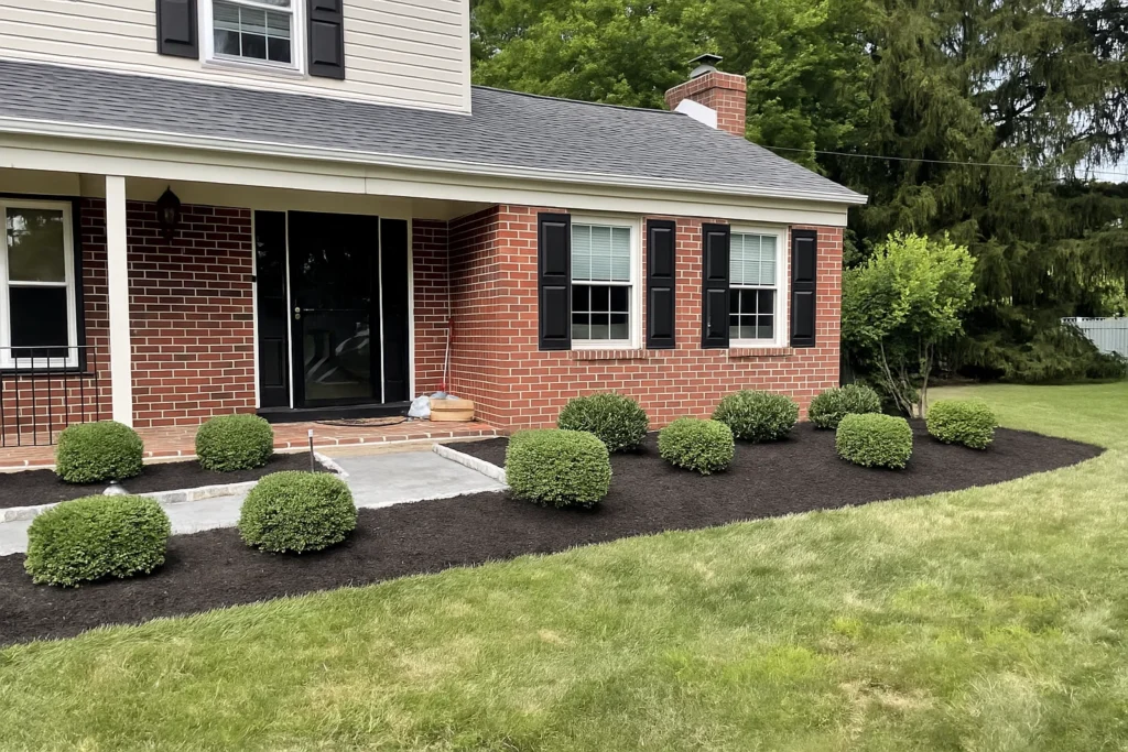 Front bed of neat shrubs and border bushes in a Delaware County PA yard serviced by Worthy Landscaping’s Bush & Shrub Trimming & Pruning Services.