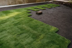 Partially laid sod along a side yard