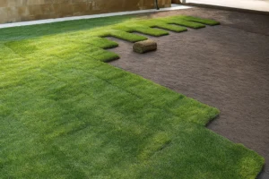 Fresh sod sections tucked neatly against landscape beds during a Sod Installation Service by Worthy Landscaping in Montgomery County.