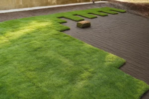 Mid-project image with visible grading marks and scattered sod pieces during a Sod Installation Service by Worthy Landscaping in Montgomery County.
