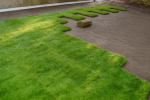 Side yard scene with existing patchy grass and new sod sections during a Sod Installation Service by Worthy Landscaping in Montgomery County.