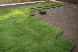 Clean border of new sod meeting a mulch bed after a Sod Installation Service by Worthy Landscaping in Montgomery County.