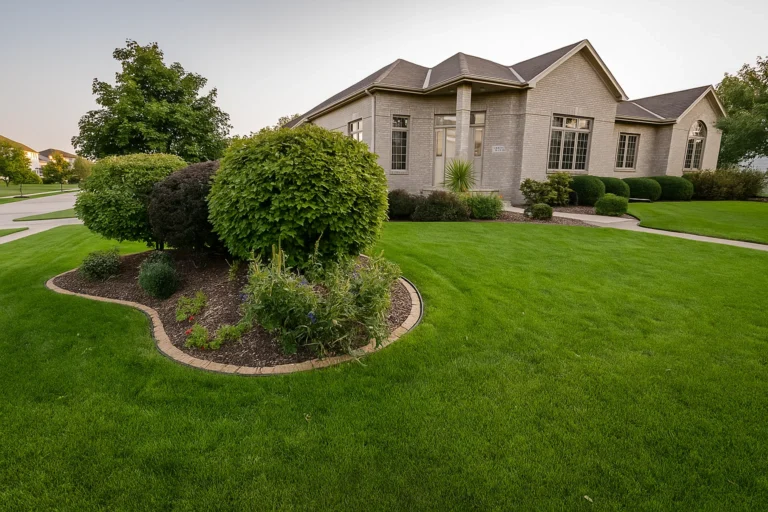 Broad front view of a Chester County PA residence landscaped by Worthy Landscaping’s Bush & Shrub Trimming & Pruning Services.