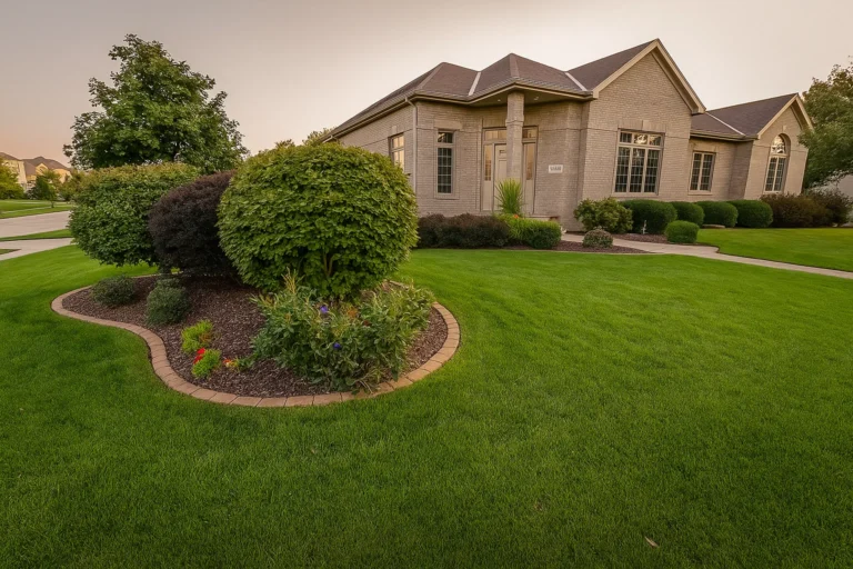 Front yard and porch view of a Chester County PA residence serviced by Worthy Landscaping’s Bush & Shrub Trimming & Pruning Services.