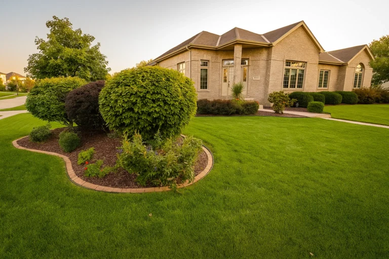 Entry‑focused front view of a Chester County PA home showing shrubs maintained by Worthy Landscaping’s Bush & Shrub Trimming & Pruning Services.