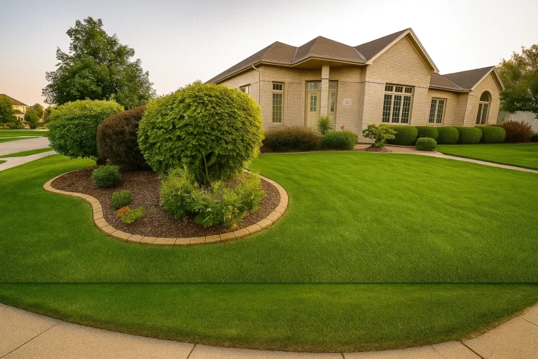 Front approach to a Chester County PA house with shrubs maintained by Worthy Landscaping’s Bush & Shrub Trimming & Pruning Services.