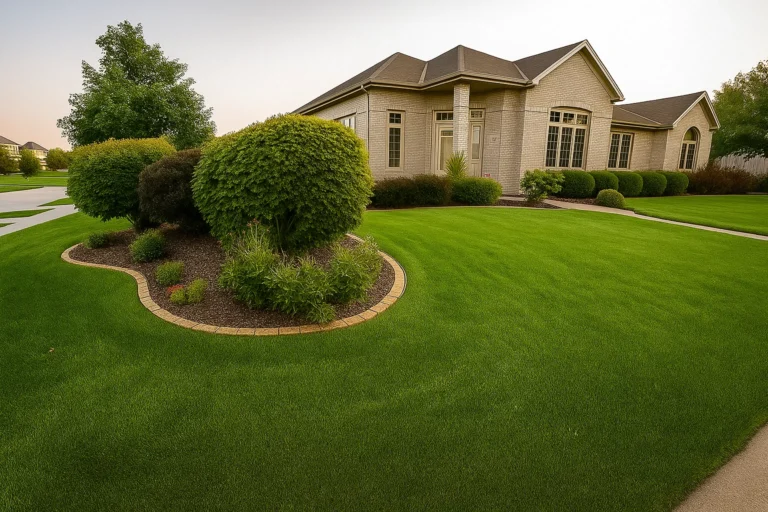 Front elevation of a Chester County PA home highlighting shrubs maintained by Worthy Landscaping’s Bush & Shrub Trimming & Pruning Services.