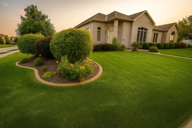 Front yard and landscape beds of a Chester County PA property maintained by Worthy Landscaping’s Bush & Shrub Trimming & Pruning Services.