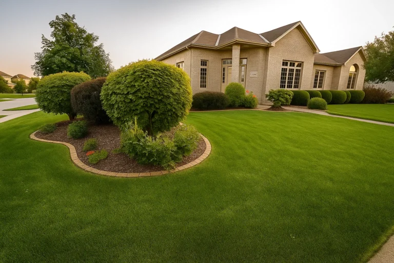Full‑width front view of a Chester County PA client property with shrubs maintained by Worthy Landscaping’s Bush & Shrub Trimming & Pruning Services.