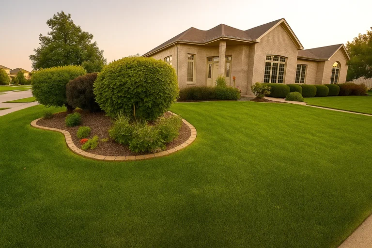 Front porch and shrub line of a Chester County PA home serviced by Worthy Landscaping’s Bush & Shrub Trimming & Pruning Services.