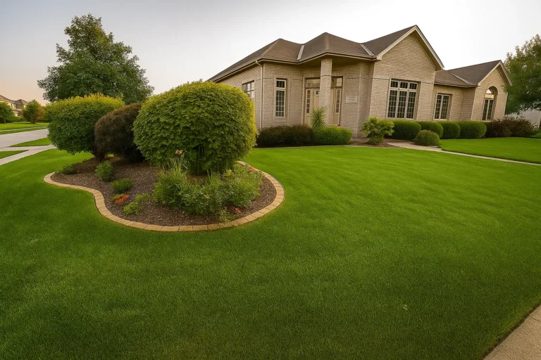 Front curbside perspective of a Chester County PA home with shrubs maintained by Worthy Landscaping’s Bush & Shrub Trimming & Pruning Services.