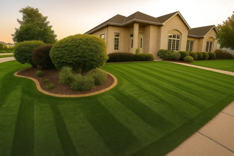 Front lawn and foundation shrubs of a Chester County PA client property maintained by Worthy Landscaping’s Bush & Shrub Trimming & Pruning Services.