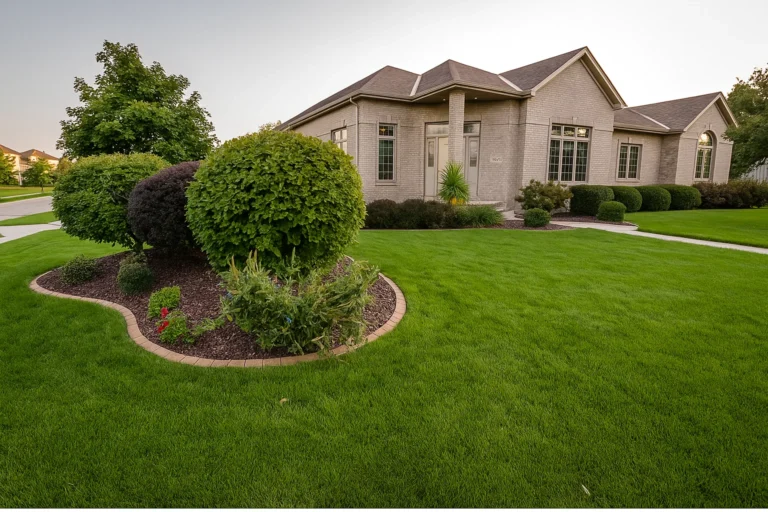 Front elevation of a Chester County PA client home with landscape maintained by Worthy Landscaping’s Bush & Shrub Trimming & Pruning Services.