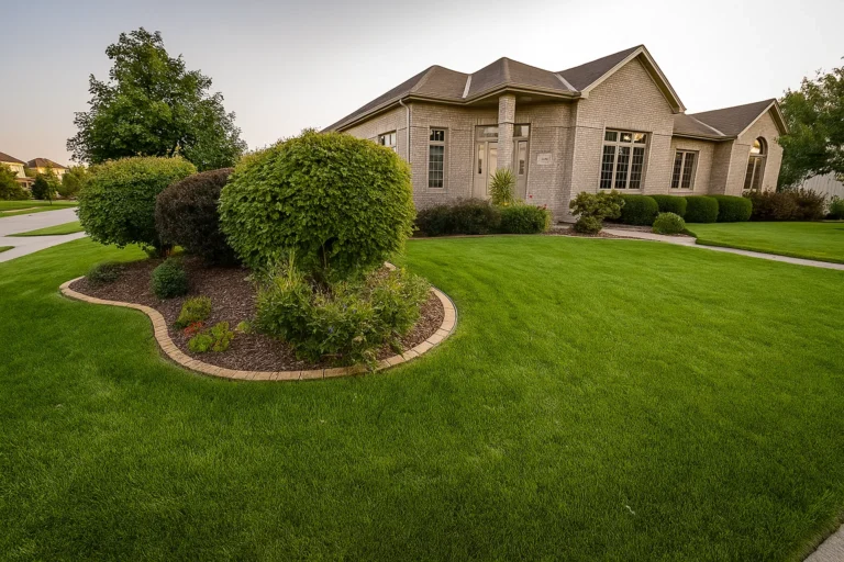 Front approach to a Chester County PA property showing shrubs maintained by Worthy Landscaping’s Bush & Shrub Trimming & Pruning Services.