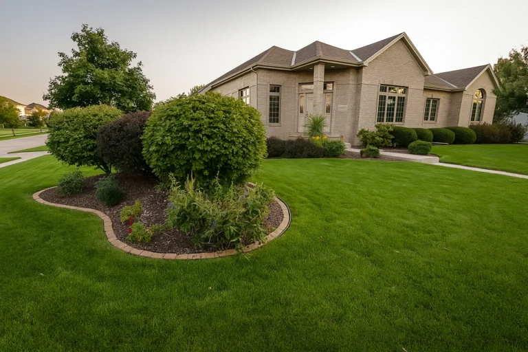 Front entry view of a Chester County PA home with shrubs maintained by Worthy Landscaping’s Bush & Shrub Trimming & Pruning Services.
