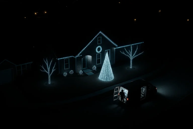 Overhead nighttime view of Worthy Landscaping Christmas light installation shining in warm white tones.