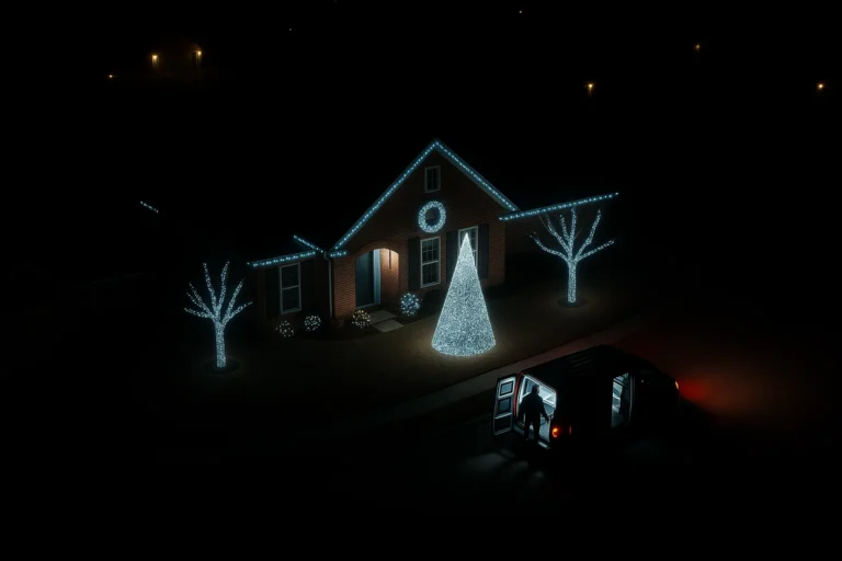 Aerial image of front yard decorated by Worthy Landscaping with roofline lights and glowing reindeer near walkway.