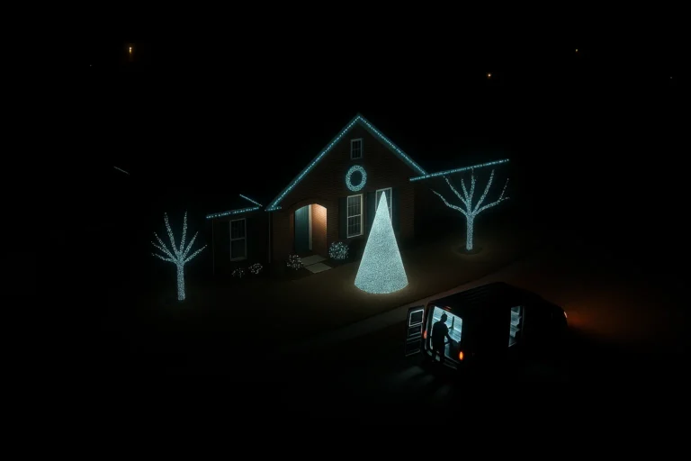 Top-down view of Worthy Landscaping illuminated home with uniform warm white LED Christmas lights.