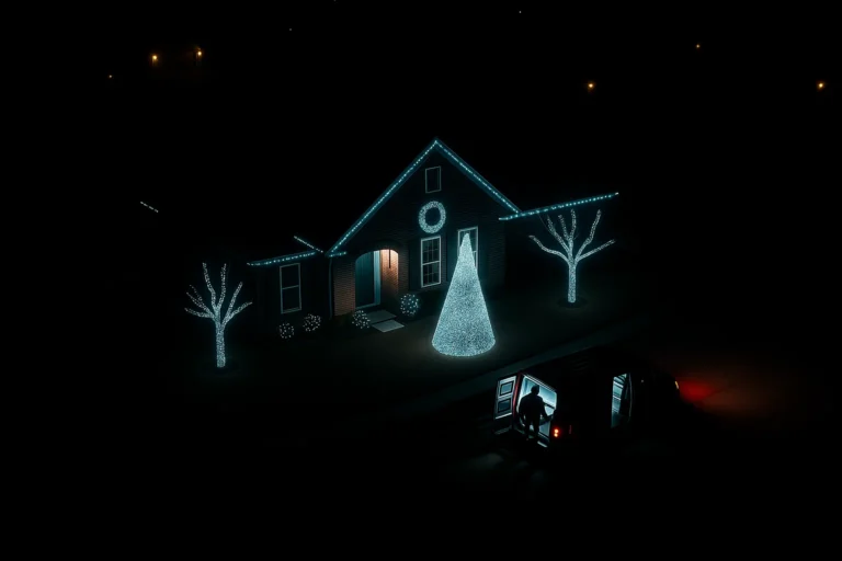 Drone shot of Worthy Landscaping Christmas lighting on quiet residential street with roofline and yard décor glowing.