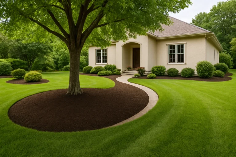 Front yard oak tree surrounded by uniform mulch for clean curb appeal. Mulching Services by Worthy Landscaping In Montgomery County.