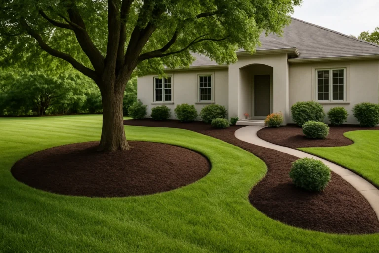 Neatly installed mulch ring under an oak tree enhancing the entire landscape. Mulching Services by Worthy Landscaping In Montgomery County.